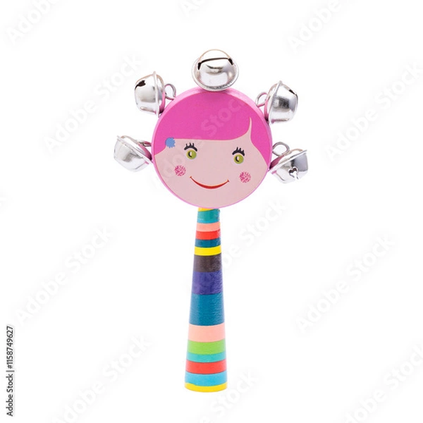 Fototapeta Colorful Wooden Rattle with Smiling Face Design and Bells for Kids