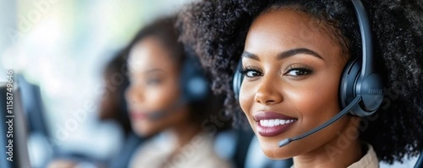 Obraz Black female customer service representative with natural afro hair wearing headset, smiling professionally in modern call center. Diverse workplace setting with colleagues in background. 8k