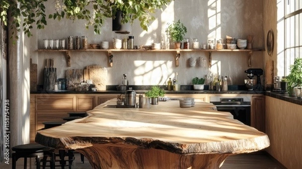 Fototapeta A rustic kitchen island with a live-edge countertop, surrounded by cozy decor and illuminated by natural sunlight.