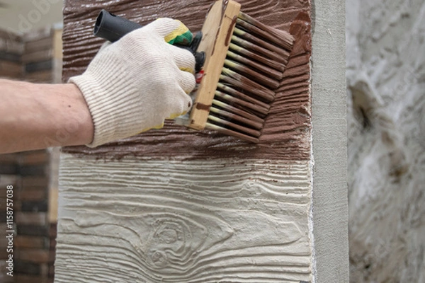 Fototapeta Painting textured plaster with a brush, close up.