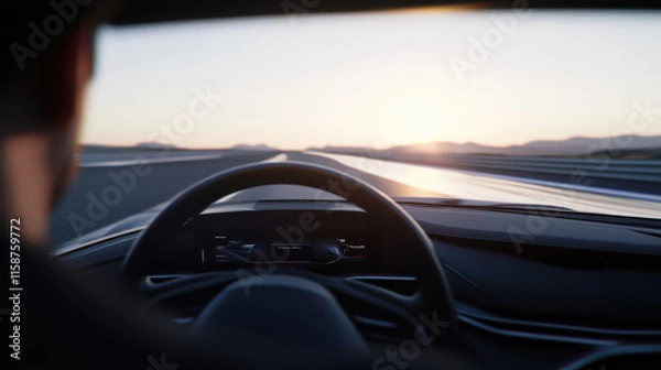 Fototapeta Driving concept car on reflective track at dusk, showcasing sleek interior and stunning sunset view. scene captures thrill of innovation and speed