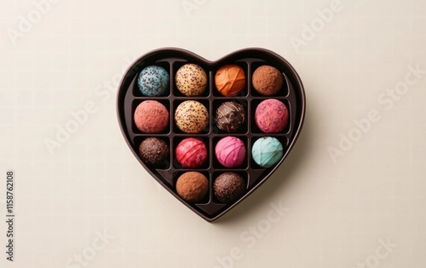 Obraz Heart-shaped chocolate box filled with assorted colorful truffles on a cream-colored background for valentines day