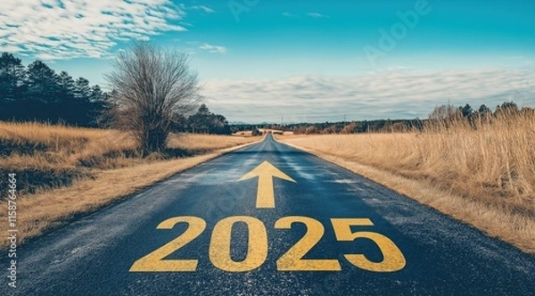 Fototapeta  Empty road stretching into the distance with a forward-pointing arrow and "2025" symbolizing ongoing business progress and development, ideal for year-end new year's poster or social media post, conv