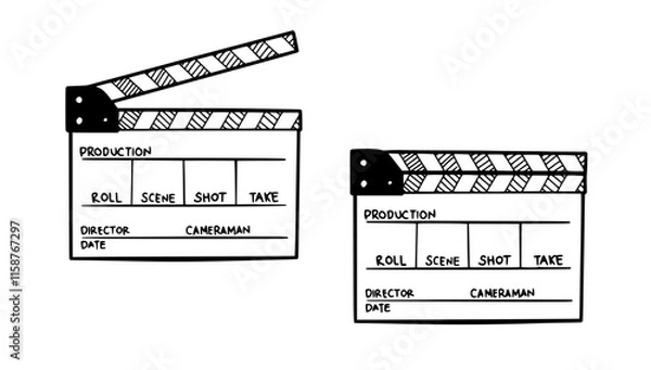 Fototapeta Hand-drawn clapperboard illustration in a doodle style. Featuring classic black and white stripes with space for scene, take, and date.