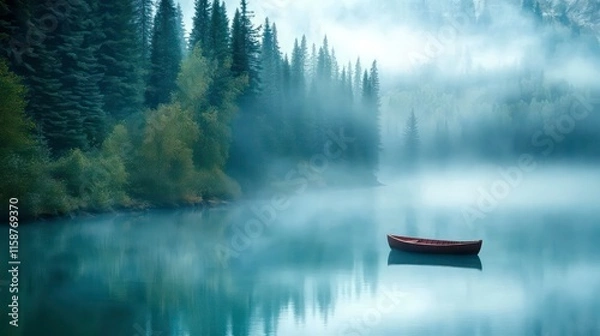 Obraz Serene misty lake scene with a lone wooden rowboat.