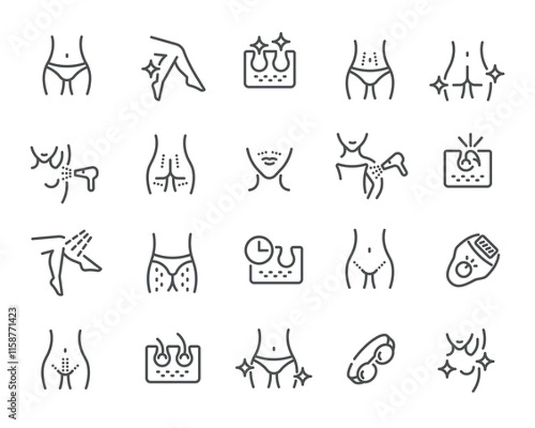 Fototapeta A creative set of vector icons for hair removal in different areas of the body is easy to use.