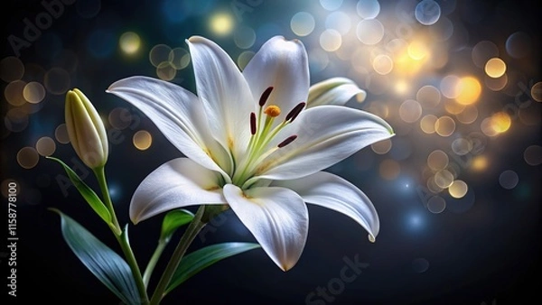 Fototapeta Bokeh black background highlights a delicate, isolated white lily.  AI art.