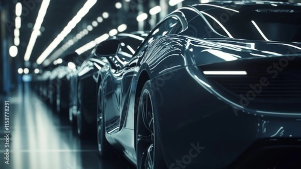 Obraz Modern cars elegantly arranged in an industrial showroom, showcasing sleek designs and advanced technology, embodying innovation and automotive excellence.