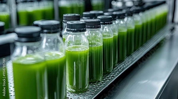 Obraz Bottles of freshly pressed juice being capped and labeled in an eco-friendly beverage plant."