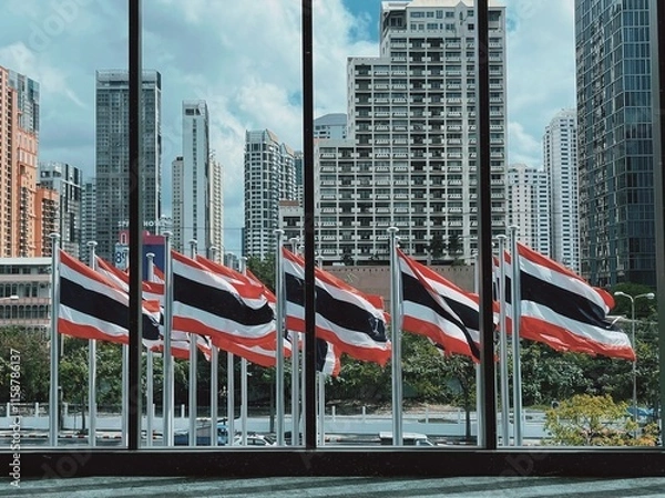 Obraz Thai Flags with Modern Cityscape