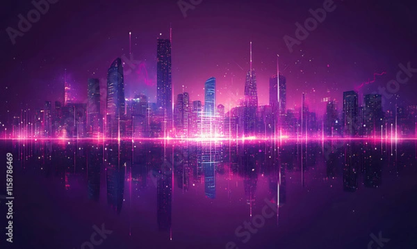 Fototapeta Futuristic city skyline reflected in water at night, glowing with pink and purple neon lights.