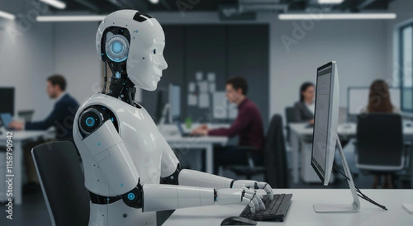 Fototapeta Robot, computer and office with ai, work and technology for automation, digital or futuristic. Artificial intelligence, workplace and employee with machine, learning or programming for job