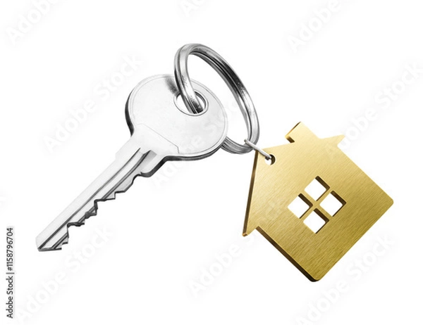 Fototapeta House key with golden house shaped keychain isolated on white background