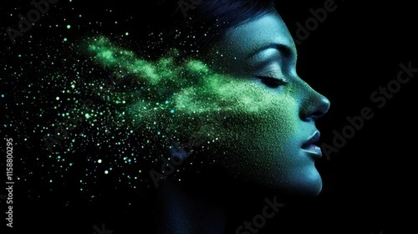 Fototapeta Woman's face with green glitter and nebula effect.