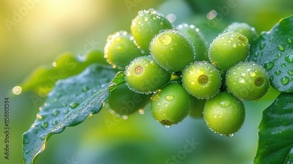 Fototapeta Clusters of unripe green coffee cherries gleam in morning light