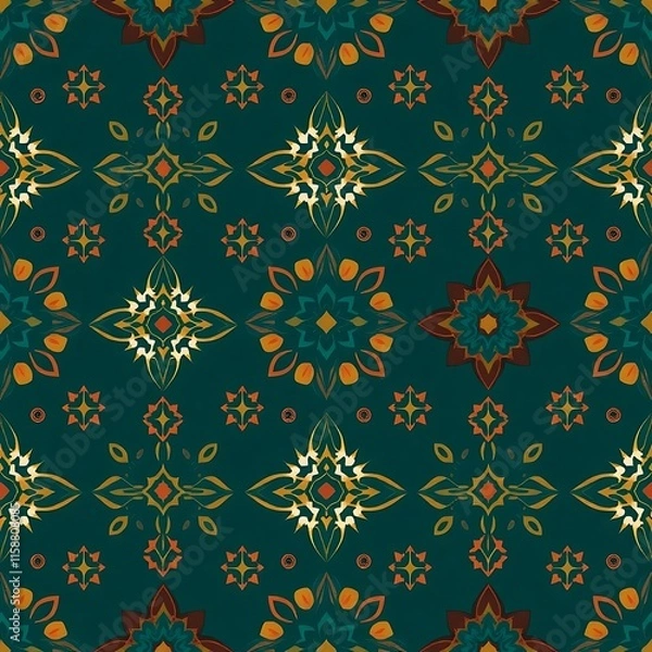 Fototapeta Teal and Gold Geometric Pattern: A repeating pattern of intricate geometric shapes in rich teal, gold, and brown tones, creating a sophisticated and elegant design.