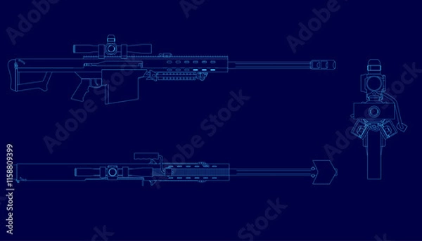 Fototapeta Blue background with guns on it. The guns are blurry and the background is dark. Scene is mysterious and ominous