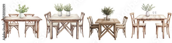 Fototapeta Rustic wooden dining table and chairs set up in a cozy farmhouse inspired interior space with decorative elements like plants vases and tableware for a warm and inviting meal time atmosphere