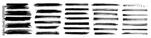 Fototapeta Black paint brush stroke set. Rough texture vector lines. Grunge edge marker stripes. Grungy hand-drawn dry ink brushstroke collection. Straight long smear halftone underlines. Rectangular frames pack
