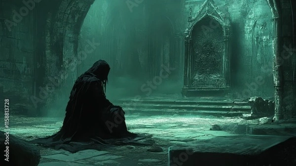 Fototapeta A hooded figure kneels before a stone archway in a cavernous, green-lit space.