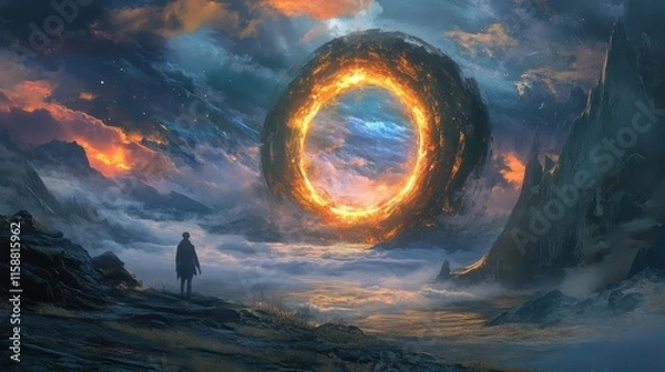 Fototapeta A lone figure gazing at a fiery ring portal in a fantastical landscape