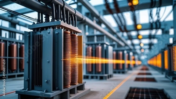 Fototapeta High-Voltage Transformer Station with Copper Coils and Power Lines