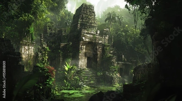 Fototapeta Ancient Stone Temple Overgrown with Lush Jungle Vegetation