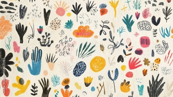 Fototapeta A lively assortment of hand-drawn chalk doodles, showcasing whimsical shapes, abstract patterns, and nature-inspired elements, set against a textured off-white background