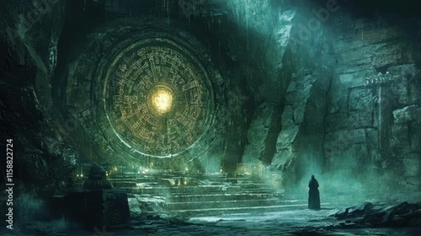 Fototapeta A lone figure stands before a glowing circular portal in a mysterious cavern.