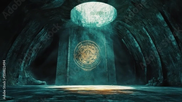 Fototapeta Ancient Stone Chamber with a Golden Symbol and a Hole in the Ceiling