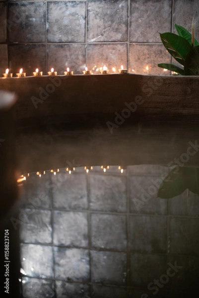 Obraz A serene spa-like setting featuring tea light candles neatly aligned along the edge of a curved concrete surface. Soft ambient lighting highlights the reflective surface of the water 