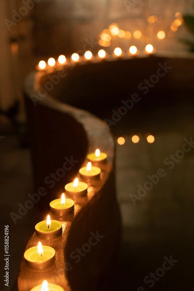 Obraz A serene spa-like setting featuring tea light candles neatly aligned along the edge of a curved concrete surface. Soft ambient lighting highlights the reflective surface of the water 