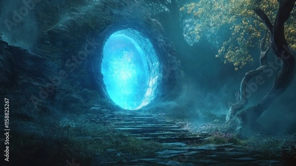Fototapeta A Glowing Blue Portal in a Mysterious Forest