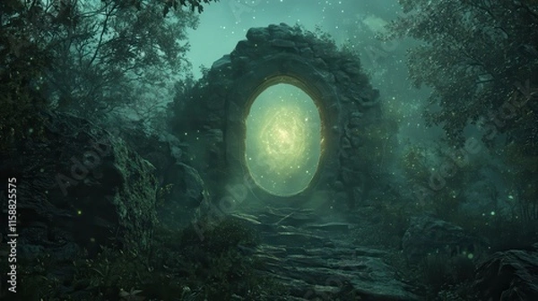 Fototapeta Stone archway leading to a glowing portal in a misty forest