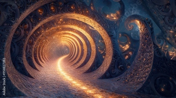 Fototapeta A glowing path through a swirling, organic tunnel