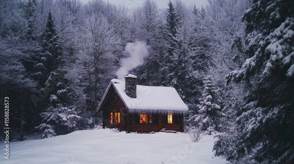 Fototapeta A charming cabin nestled in the woods, smoke curling from its chimney, surrounded by snow-covered pines and a soft blanket of fresh snow.