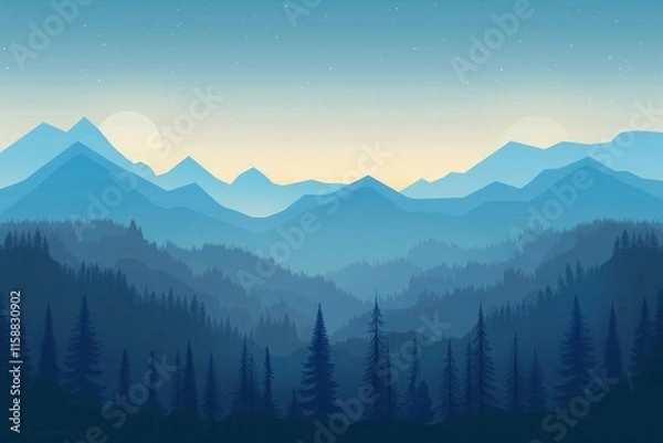 Obraz Silhouetted Pine Trees in Front of a Misty Mountain Range Under a Starry Sky