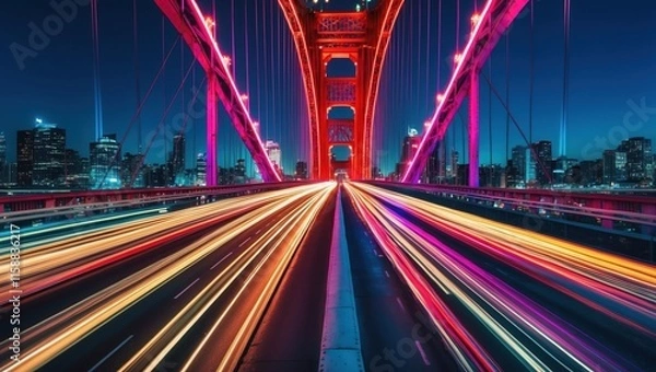Fototapeta Illuminated Bridge in Dynamic Night Cityscape