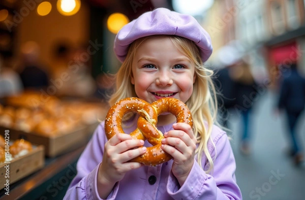 Obraz Happy girl eating a pretzel near the bakery. A child girl in lilac clothes holds a pastry in her hands on the street. A child with a bun in his hands.