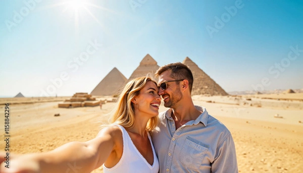 Obraz Smiling couple taking selfie at the pyramids