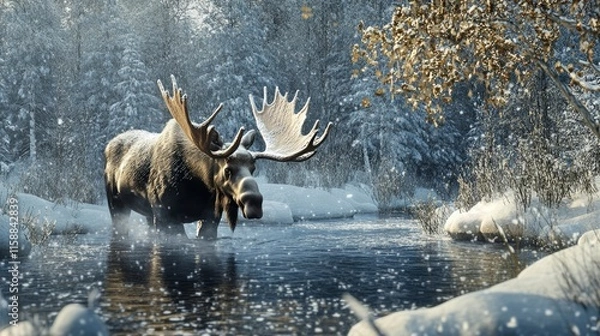 Fototapeta A charming scene of a moose wading through a snow-covered forest, its large antlers adorned with frost as it searches for food.