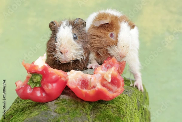 Fototapeta A pair of teddy guinea pigs are eating bell pepper fruit that fell on the moss-covered ground. This rodent mammal has the scientific name Cavia porcellus.