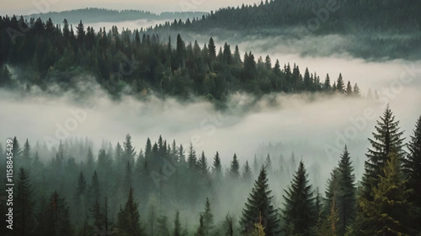 Fototapeta Whispers of the Forest Dreamy Fir Trees in a Misty Landscape with Muted Greens, Grays, and a Vintage Aesthetic