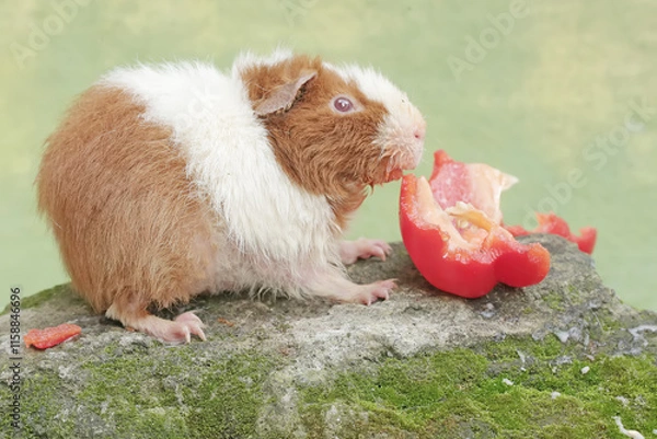 Fototapeta A teddy guinea pig is eating a bell pepper fruit that fell on the moss-covered ground. This rodent mammal has the scientific name Cavia porcellus.