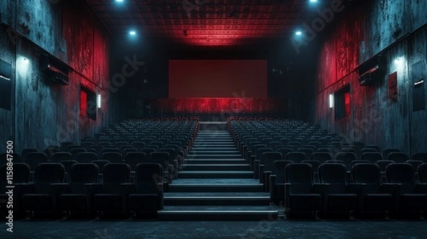 Fototapeta Empty dark movie theater with rows of seats and a large screen.
