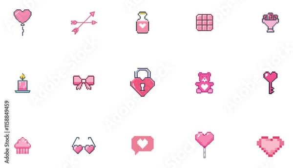 Fototapeta Pixel 8Bit Valentine Game Icons Pack for Romantic Love-Themed Gaming, Heart Objects, Cupid Arrows, Love Potions, Chocolates, Roses, Teddy Bears, Gifts, Lock and Key, Perfect for Game UI or App Design