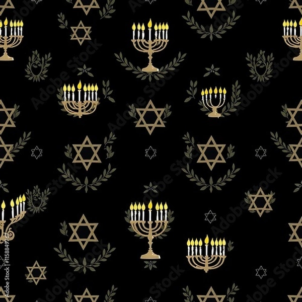 Fototapeta Hanukkah Seamless Pattern: Festive menorahs and Star of David symbols on a dark background 
