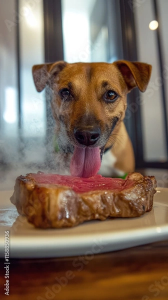 Fototapeta 3.  Fresh Greens and Steak on Table with Black and Tan Dog in Restaurant Scene