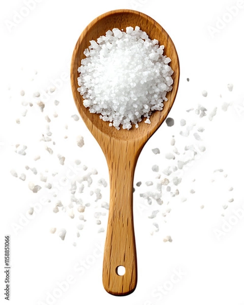 Obraz Wooden spoon with salt granules scattered, isolated on a transparent background, created using generative AI, emphasizing the texture of the salt and the natural wood grain