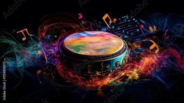 Fototapeta Vibrant musical notes around colorful drum, dynamic music scene, visual art, colorful flowing energy music, expressive musical vibe